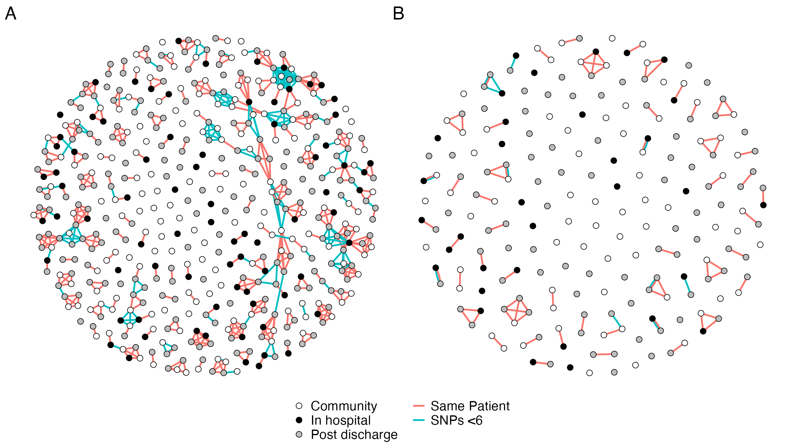 Network plot of SNP-clusters (i.e. putative transmission clusters) for E. coli (A) and K. pneumoniae (B) showing that putative transmission clusters are not purely hospital associated. Points are samples, coloured by place of isolation (in-hospital [black], community [white], or up to 120 days post-discharge [grey]). Red lines link samples that are within a single participant. Blue lines link samples that are differ by five or fewer SNPs. The plot shows that most samples are not members of a SNP-cluster; that most SNP clusters are made up of samples from different participants (rather than multiple samples from the same participant); and that SNP-clusters are not strongly hospital-associated (i.e. they contain black, white, and grey points).